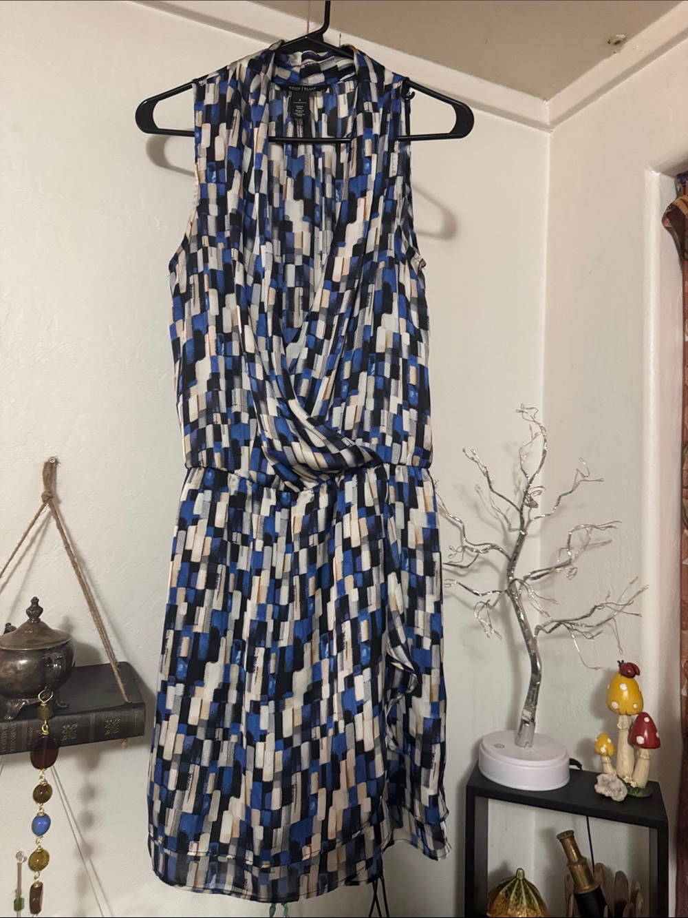 White House Black Market Blue, Black and White Geometric Sleeveless Dress